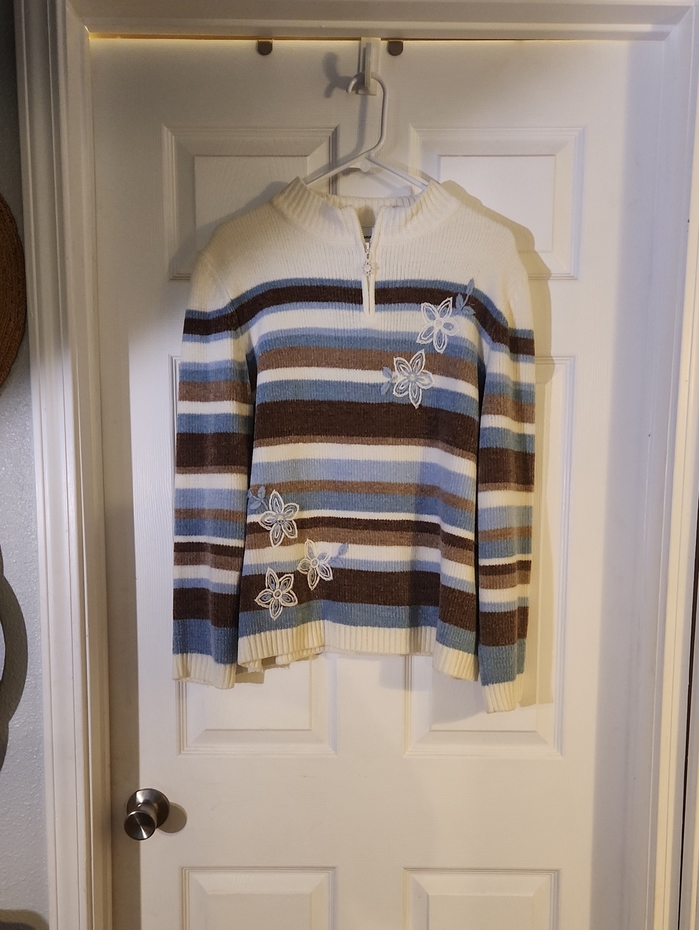 Alfred Dunner Ivory, Blue & Brown Striped Half-Zip Sweater with Floral Appliqué
